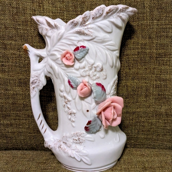 Wales Other - Wales Vintage Creamer/Pitcher Porcelain White W/ Raised Pink Roses Gold Trim